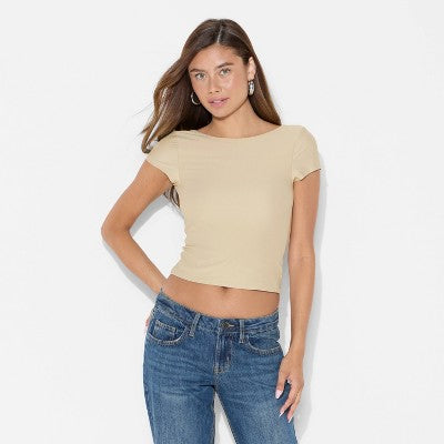 Women's Short Sleeve Boatneck Synthetic T-Shirt -Khaki XL