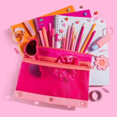 Style Lab Colorblocked Nylon and Mesh Binder Pouch with 10 Mini Erasers Pink