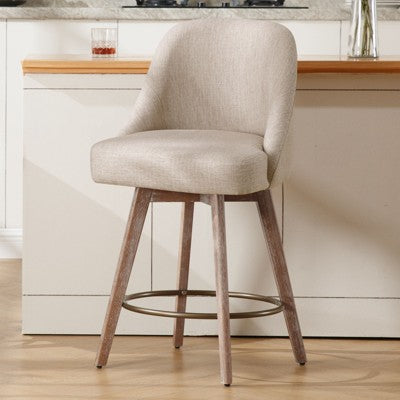 Bekrvio 26" Swivel Bar Stools Set of 1 with Solid Wood Legs, 3.15" Linen Upholstered Seat with Back, Mid-Century Bar Chairs for Kitchen Island, Brown (LOCAL PICKUP ONLY)