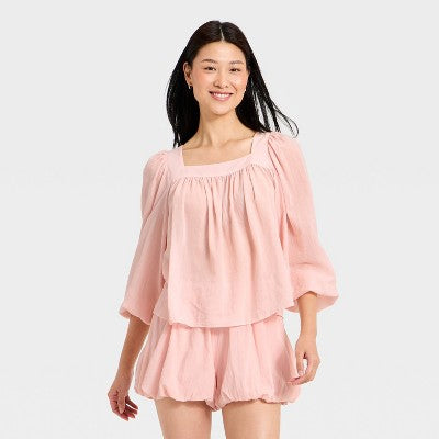 Women's Long Sleeve Square Neck Sheer Blouse - A New Day Pink S