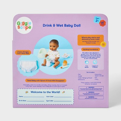 14" Drink and Wet Baby Doll - Dark Brown Hair + Brown Eyes - Gigglescape: Includes Spoon, Bib, Potty Chair, Diaper