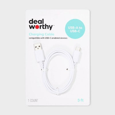3' USB-A to USB-C Cable - dealworthy White