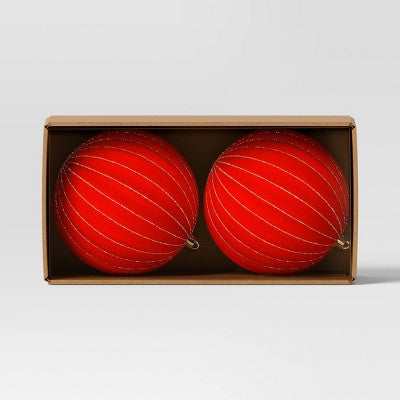 2ct Christmas 200mm Flocked Ribbed Glitter Ornament Set Red - Wondershop