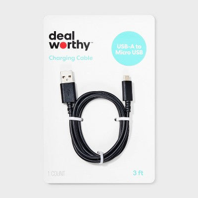 3' USB-A to Micro-USB Cable - dealworthy Black: 3' Charging Cord