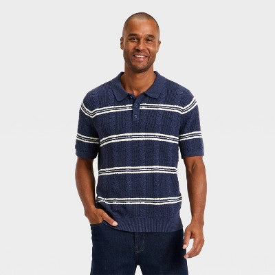 Men's Striped Short Sleeve Cable Sweater Goodfellow & Co Blue XL