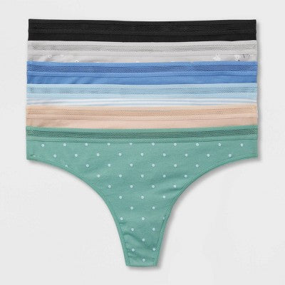 Women's 6pk Cotton Stretch Thong Underwear - Auden Assorted Color M: Solid & Polka Dots, Low Rise, Pull-On