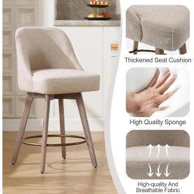 Bekrvio 26" Swivel Bar Stools Set of 1 with Solid Wood Legs, 3.15" Linen Upholstered Seat with Back, Mid-Century Bar Chairs for Kitchen Island, Brown (LOCAL PICKUP ONLY)