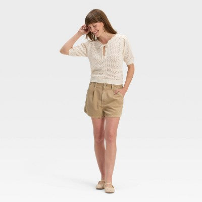 Women's High-Rise Pleated Jean Shorts - Universal Thread Khaki 2