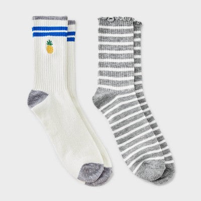 Women's 2pk Ribbed Scallop Edge Embroidered Pineapple Crew Socks - Wild Fable Cream/Grey 4-10