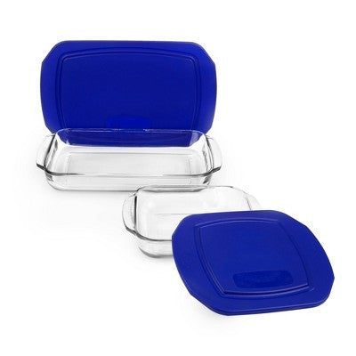 Libbey Bakers Basics 9x13 Deep, 8x8 Deep Glass Bakeware set with Press Fit Dark Blue Lids