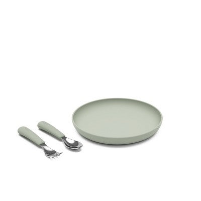 Lalo 3pc Silicone Toddler Plate + Utensils Mealtime Set - Sage: Non-Toxic, BPA-Free, Reusable