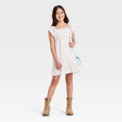 Girls' Ruffle Short Sleeve Chiffon Floral Dress Cat Jack Cream M