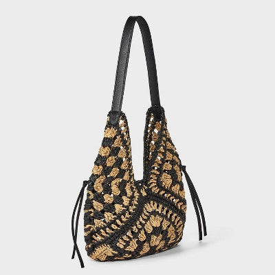 Hand Crocheted Straw Tassel Shoulder Bag - Universal Thread Natural/Black