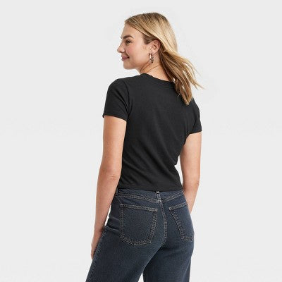 Women's Shrunken V-Neck T-Shirt Universal Thread Black L