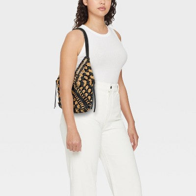 Hand Crocheted Straw Tassel Shoulder Bag - Universal Thread Natural/Black