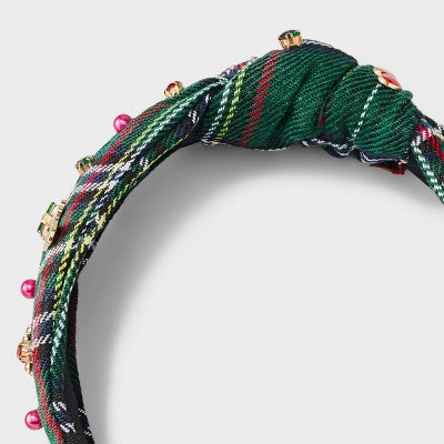 Christmas Plaid Embellished Top Knot Headband - Green/Red