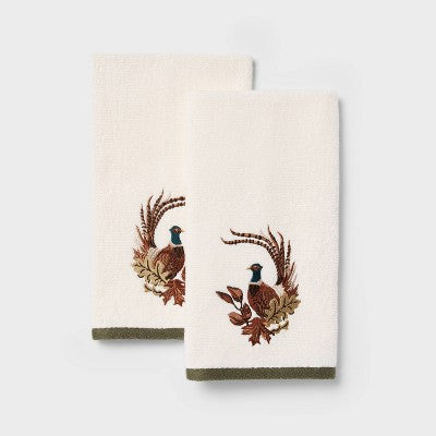 2pk Pheasant Embroidered Harvest Hand Towel Set White - Threshold