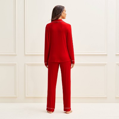 Women's Cloud Knit Modal Long Sleeve Notch Collar Top and Pants Pajama Set - Auden Red XS