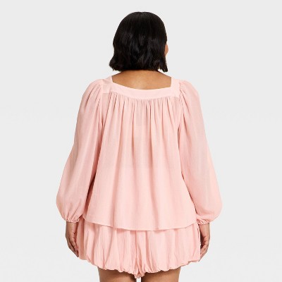Women's Long Sleeve Square Neck Sheer Blouse XXL