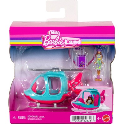 Barbie 1.5" Mini Barbie Land Doll and Vehicle Set Toy Helicopter and Accessories