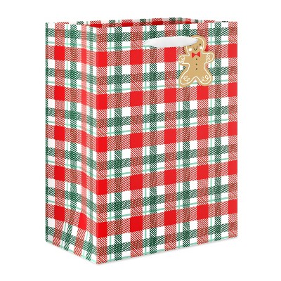 13" Large Christmas Gift Bag Green/Red Plaid