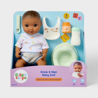 14" Drink and Wet Baby Doll - Dark Brown Hair + Brown Eyes - Gigglescape: Includes Spoon, Bib, Potty Chair, Diaper