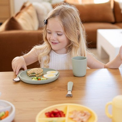 Lalo 3pc Silicone Toddler Plate + Utensils Mealtime Set - Sage: Non-Toxic, BPA-Free, Reusable