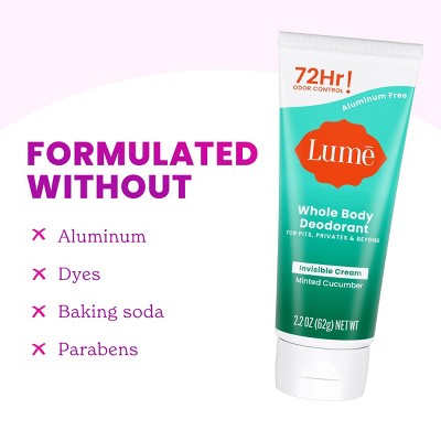 Lume Cream Deodorant Tube - Minted Cucumber - Aluminum-Free 2.2oz: Vegan, Body Application Whole Body, Non-Toxic